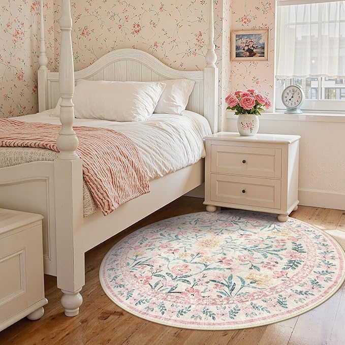 Wonnitar Pink Floral Round Rugs 5ft, Soft Circle Rug Non Slip Washable Round Carpet, Boho Non-Shedding Flower Distressed Circle Carpets for Bedroom Girls Room Nursery