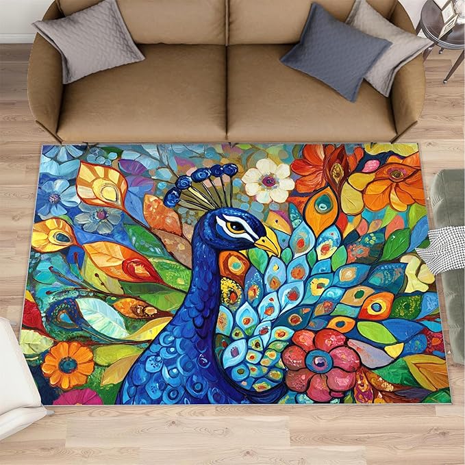 Boho Peacock Rug Small - 4x6 Rug, Colorful Peacock Washable Rugs for Living Room, Teal Turquoise Carpet, Modern Style Non-Slip Area Rugs for Bedroom, Aesthetics Carpet - Peafowl Home Decor & Gifts