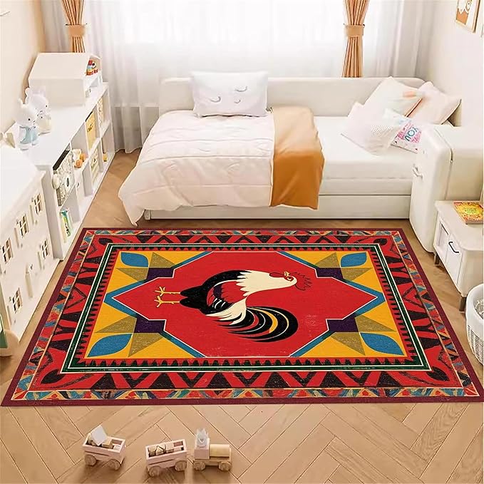 Country Rooster Rugs，3x4ft,Colorful Geometric Rooster Pattern Rug，Rooster Pattern Colorful Rug. Ethnic Vintage Design Non-Slip Washable Floor Mat for Living Room Bedroom Farmhouse Home Office
