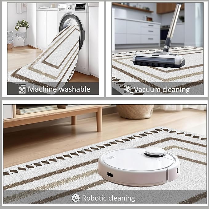 Moroccan Farmhouse Area Rugs 3x4ft, Neutral Geometric Pattern in Off-White Rug, Low Pile Machine Washable & Non-Slip Soft Carpet for Living Room, Bedroom & Dining Room