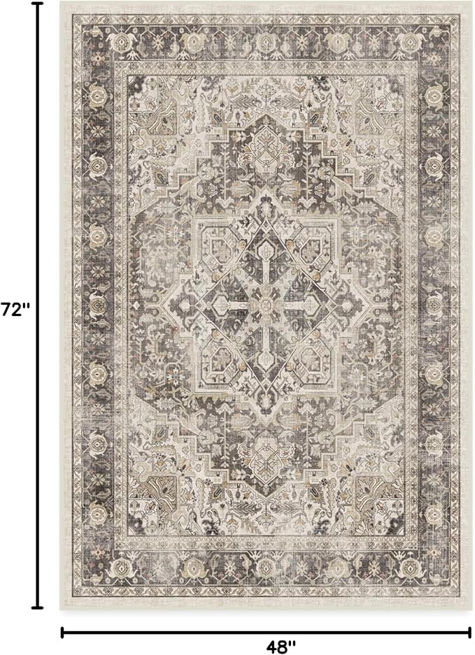 RUGGABLE Washable Vintage Area Rug – Kamran Hazel 4x6, Stain-Resistant, Non-Slip – Medium Machine Washable Rugs for Living Room, Bedroom, Hallway, Entryway & Office–with Cushioned Pad