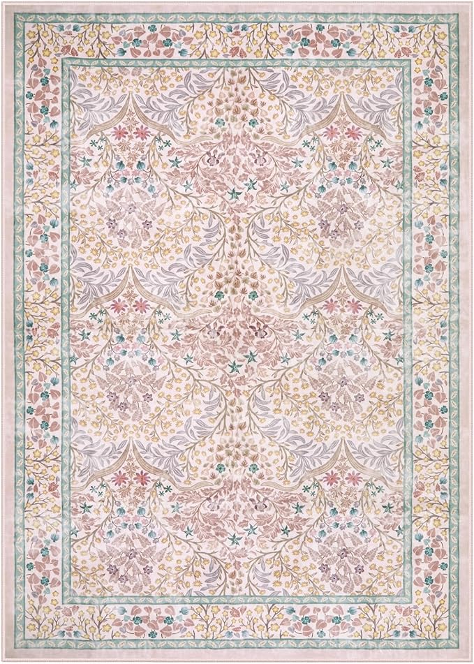 Lahome Floral Washable Area Rugs 5x7, Soft Pink Rugs for Living Room Bedroom, Boho Non Slip Low Pile Forest Stain Resistance Large Throw Carpet for Farmhouse Dining Room Office, Pink