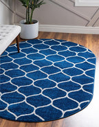 Rugs.com Lattice Frieze Collection Rug – 8' x 10' Oval Navy Blue Medium Rug Perfect for Living Rooms, Large Dining Rooms, Open Floorplans