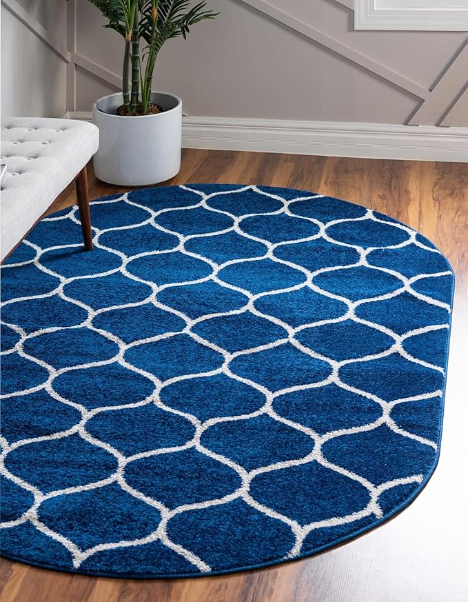 Rugs.com Lattice Frieze Collection Rug – 5' x 8' Oval Navy Blue Medium Rug Perfect for Living Rooms, Large Dining Rooms, Open Floorplans