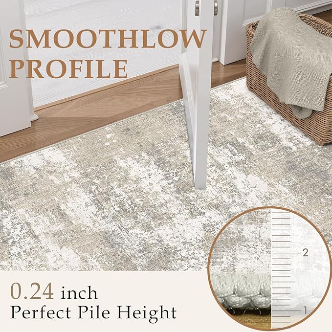 Modern Abstract Beige Gray Area Rug 2x6 Hallway Runner Machine Washable Carpet Bathroom Kitchen Indoor Accent Throw Low Pile Non Slip Distressed Laundry Living Dining Room Bedroom Office