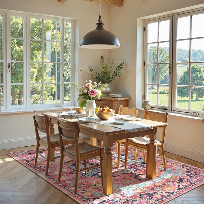 Lahome 6x9 Area Rugs Machine Washable Area Rugs for Living Room,Non Slip Bedroom Rug,Dining Room Rugs for Under Table,Large Bohemian Vintage Non Skid Indoor Carpet for Home Office(6x9ft,Fuchsia)