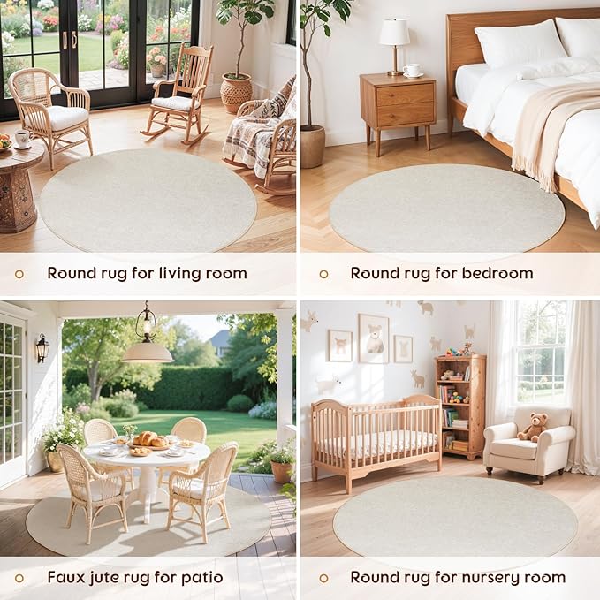 LBRO2M Easy Jute Solid Area Rug 4X4 Round Washable Rugs for Living Room Dining Room Bedroom Natural Jute Look Indoor Outdoor Rug Durable, Solid Non Shedding Eco Friendly (4X4 Light Ivory)
