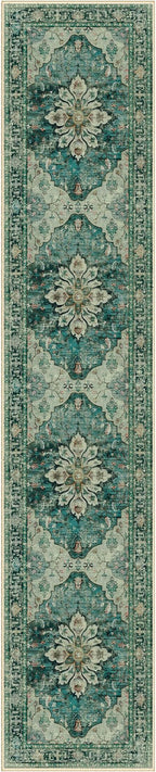 Area Rugs 2'6''x10' Washable Non-Slip, Floral Vintage Distress Print Pattern Medallion Carpet for Living Room Bedroom Dining Room, Dark Blue Vintage