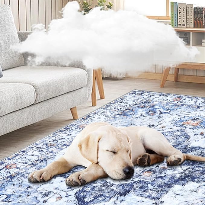 COMSLE Washable Door Mat, Front Door Mat Indoor Faux Wool Absorbent Small Rugs for Entryway Distressed Throw Rug Non-Slip Accent Floor Carpet for Entrance Bedroom, 24X48 Inches Blue