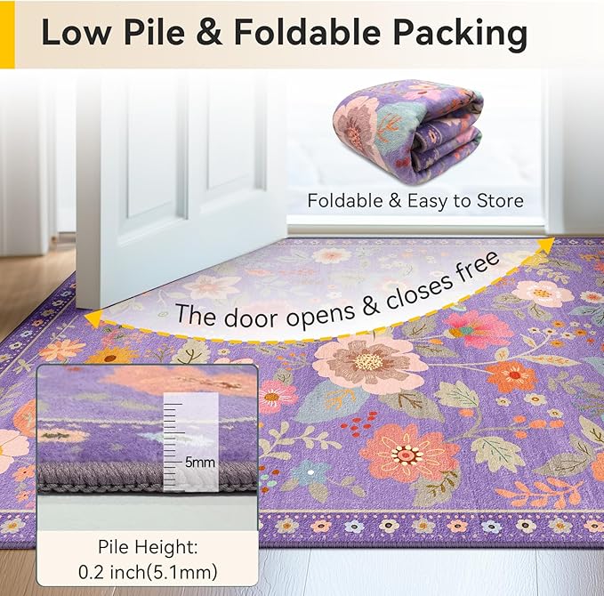 Floral 8x10 Area Rug Machine Washable Soft Print Boho Carpet Non Slip Doormat Low Pile Flower Area Rugs for Living Room Bedroom Nursery Kitchen Dining Room Indoor-Purple/Pink/Multi