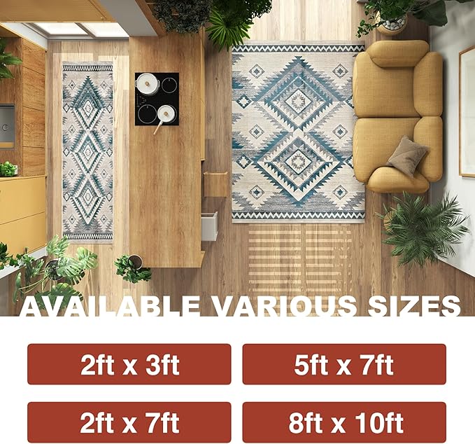 YHSF South West Native American Rug Ritz – Native Tribal American Indian Inspired Rug - Living Room, Bedroom, Hallway, Entryway & High-Traffic Area Rugs - Washable - Soft - Aqua, 5 Feet x 7 Feet
