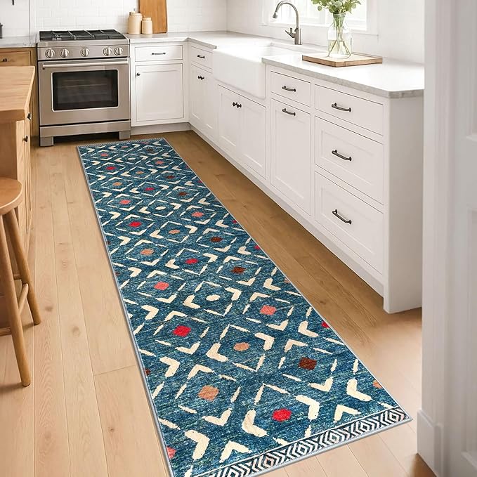 KILOCOCO Hallway Runner Rug 2'x8' Runners for Hallways Soft Washable Runner Rugs Non Slip Printed Low-Pile Runners for Bedroom Kitchen Living Room Laundry Room Boho Rugs, Teal/Blue