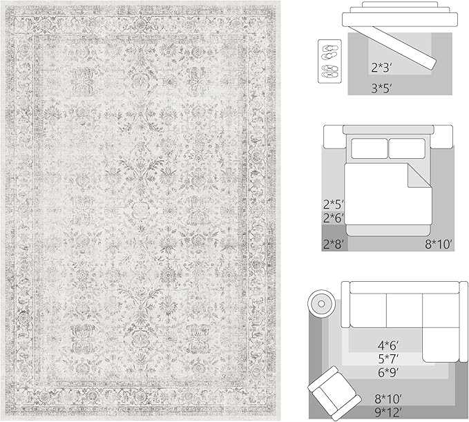 FMFUNCTEX 5x7 Washable Area Rug Grey Neutral Vintage Non Slip Low Pile Traditional Indoor Carpet for Living Room Bedroom Soft Retro Floral Mat Throw Rug for Dining Office Kitchen Dorm Entryway