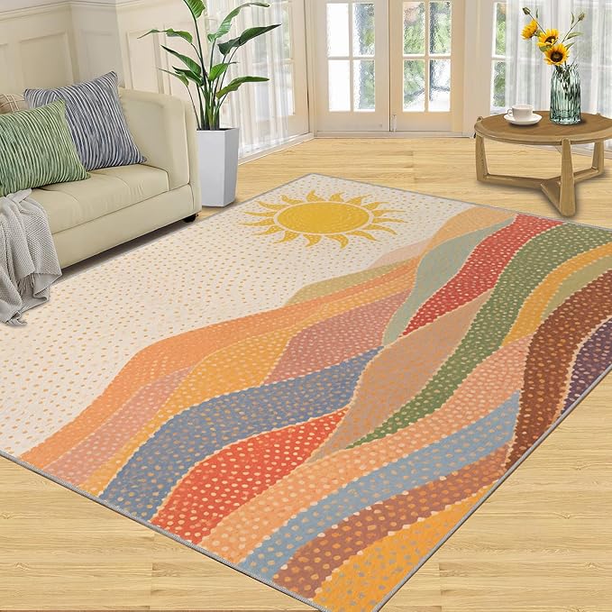 Boho Sun Area Rugs 5x7ft, Mosaic Sunburst Rugs for Living Room, Dotted Gradient Hills Floor Rug Sturdy and Non-Shedding for Bedroom Hardwood Floors Teen Room