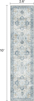 Runner Rug 2'6''x10, Non Slip Vintage Hallway Runner Rugs, Low Pile Lightweight Machine Washable Mat for Hallway, Entryway, Bedroom, Kitchen and Corridor, Blue