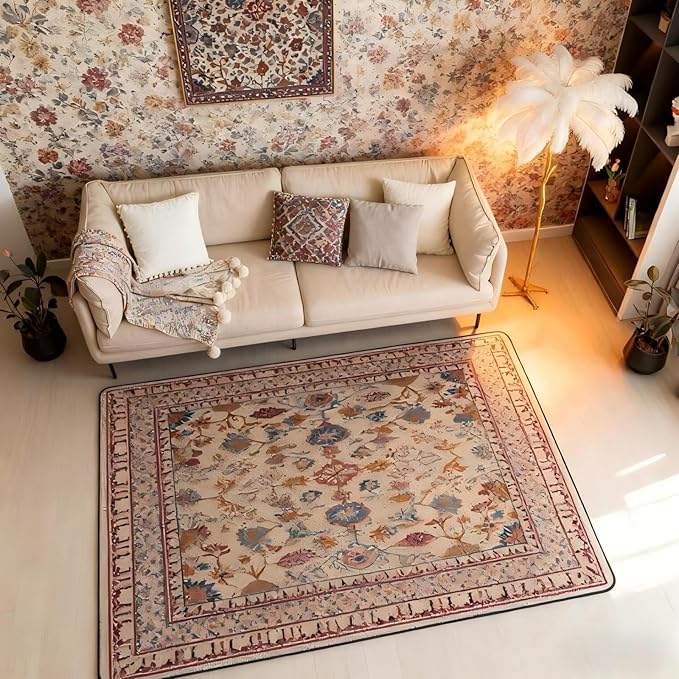Boho 5x7 Area Rug Vintage Floral Living Room Rug | Art Deco Abstract Rugs for Bedroom, Retro Tribal Aesthetic Oriental Carpet Indoor Floor Mat