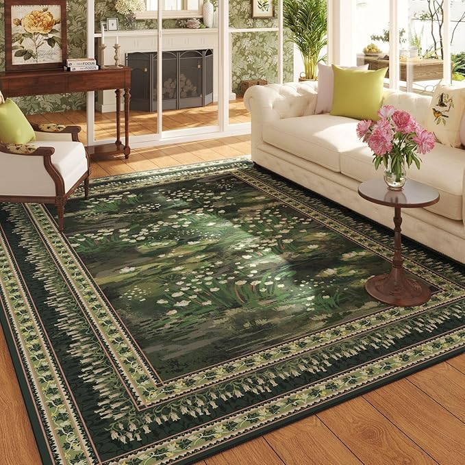 Rugcomf 5x7 Area Rugs Impressionist-Style Vintage Washable Area Rug Non Slip Low Pile Large Rugs for Living Room Bedroom Farmhouse Dining Room Kids Playroom, Green