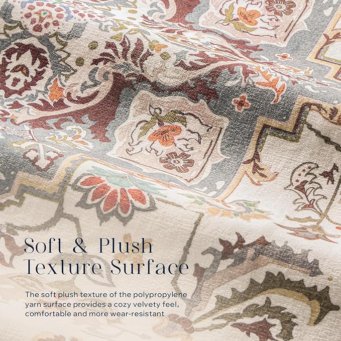 Phantoscope Washable Area Rug 6'x9' Non-Slip, Vintage Boho Rugs for Living Room, Bedroom, Dining Room, Persian Floral Medallion Pattern, Low-Pile Foldable Floor Carpet, Ivory Rose/Fall Bloom