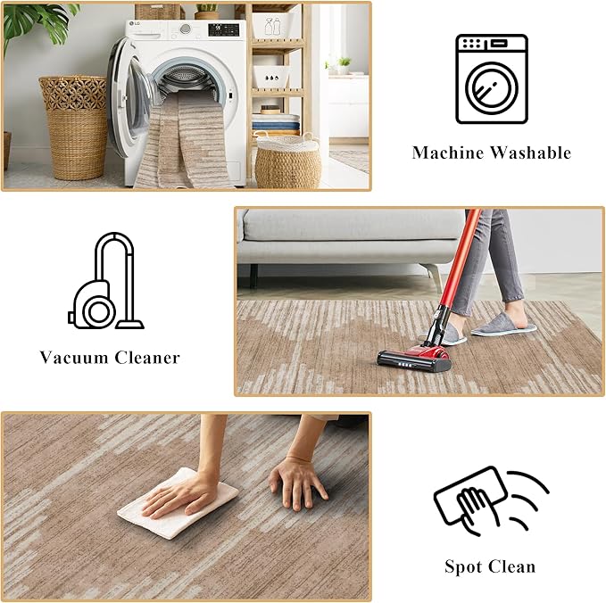 HelloTree Area Rug for Living Room 6x9 Washable Geometric Moroccan Rug Stripe Farmhouse Bohemian Minimalistic Non Slip Non Shedding Ultra Thin Soft Rug for Bedroom Office DiningRoom Nursery-Khaki