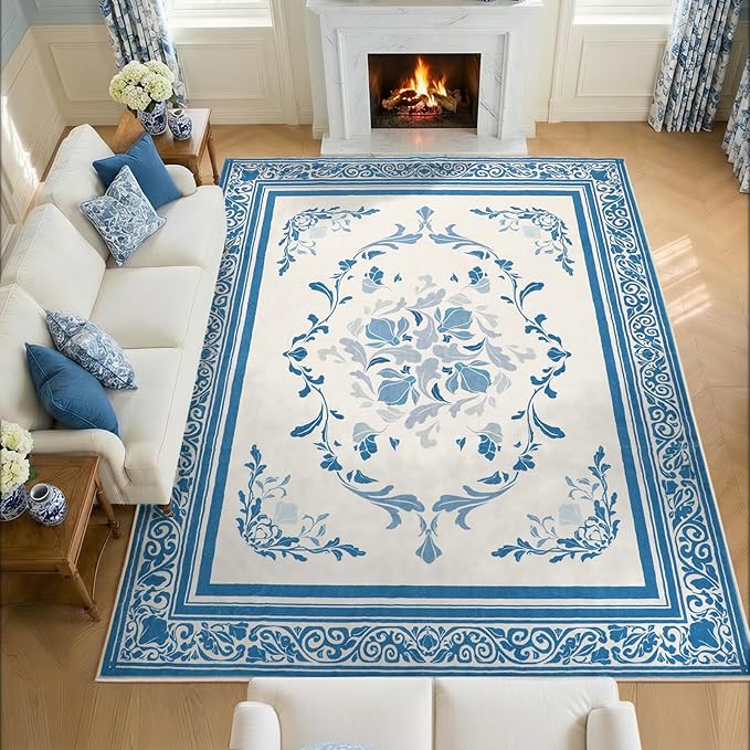 SOULFUL Medium Pile 8x10 Rugs for Living Room - Cozy Soft Underfoot Large Area Rug - Blue Boho Floral - Washable Non-Slip - Perfect for Bedroom Kids Room Under Dining Table Office
