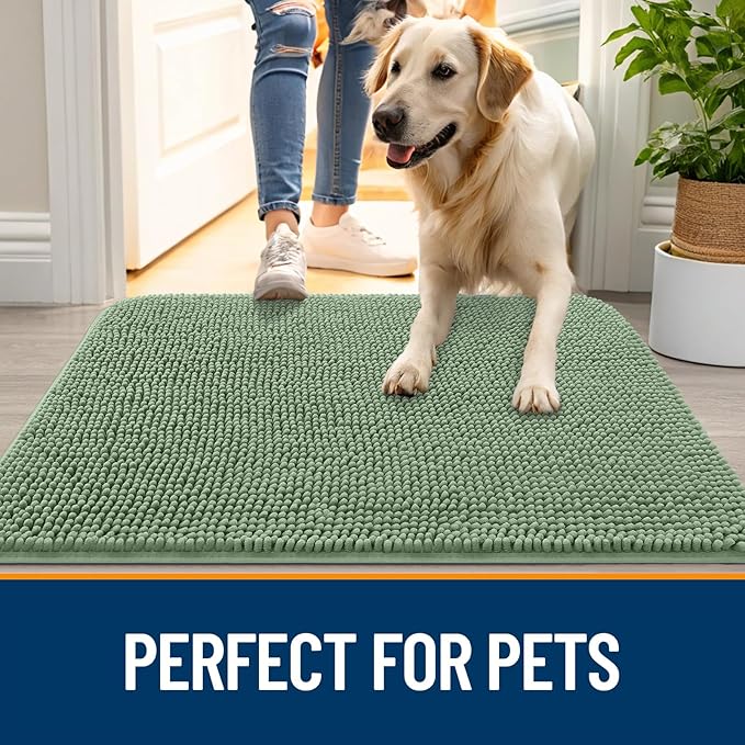 OLANLY Dog Door Mat for Muddy Paws 47x20, Absorbs Moisture and Dirt, Absorbent Non-Slip Washable Doormat, Quick Dry Chenille Mud Mat, Entry Indoor Entryway Carpet for Inside Floor, Olive Green