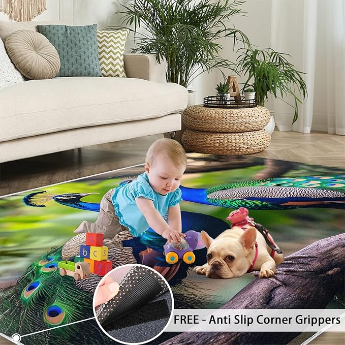 Peacock Rugs for Bedroom - 6x8 Rug, Peacock Couples Area Rugs for Living Room, Nature Carpet, Peafowl Washable Area Mat, Malachite Green Feather Carpet - Peafowl Home Decor & Gifts