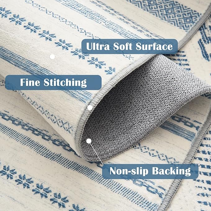 jinchan Moroccan Boho 6x9 Area Rugs for Living Room - Machine Washable Soft Throw Rug Bohemian Ripple Design Non-Slip Carpet for Bedroom Dining Room Home Office (6‘x9', Blue)