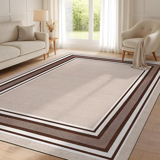 Beverly Rug Non Slip Area Rugs 5x7 Modern Bordered Non Skid Rubber Backing Soft Area Rug for Living Dining Room Easy to Clean Non Shedding Kitchen Bedroom Indoor Carpet 5 x 7 Beige-Brown