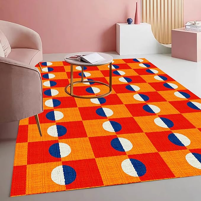 Modern Checkerboard Area Rug with Orange and Red Pattern Vibrant Non Slip Washable 6x8 Rugs for Living Room Dining Room Bedroom Home Office Playroom Large Indoor Carpet Durable Bathmat