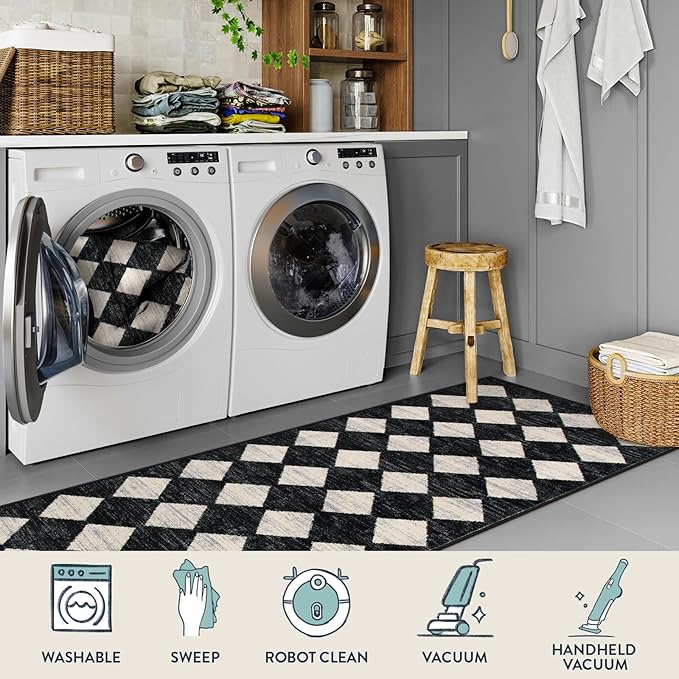 Lahome Machine Washable Area Rug 6x9, Soft Large Bedroom Rug Non Slip Living Room Rugs Dining Room Rugs for Under Table, Moroccan Trellis Printed Black and White Indoor Carpet for Den Dorm Playroom