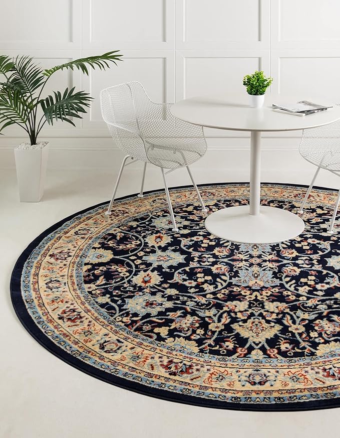 Rugs.com Yasmin Collection Rug – 8 Ft Round Navy Blue Medium Rug Perfect for Kitchens, Dining Rooms