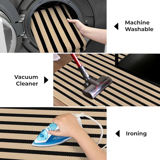 KOZYFLY Brown and Black Striped Rug 4x6 Ft Area Rug Washable Indoor Outdoor Rug Cotton Door Mat for Double Front Door Entryway Patio Porch Living Room Carpet