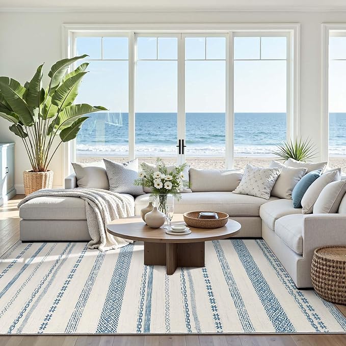 jinchan Moroccan Boho 8x10 Area Rugs for Living Room - Machine Washable Soft Throw Rug Bohemian Ripple Design Non-Slip Carpet for Bedroom Dining Room Home Office (8‘x10', Blue)