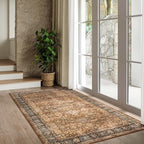 Morebes Washable Living Room Rug 5x7, Vintage Room Rugs for Bedroom Non-Slip, Soft Low-Pile Non-Shedding Dark Brown Rug Indoor Floral Print Throw Carpet for Bedside Farmhouse Dining Room