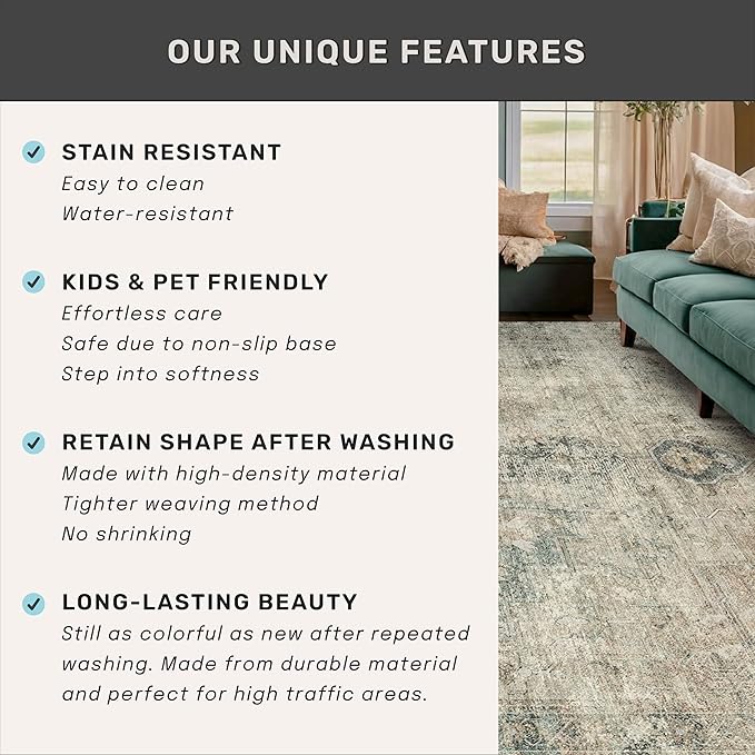 Moss Green 2'6"x8' Farmhouse Kitchen Rugs - 8ft Long Indoor Rugs for Entryway Non Slip, Washable Hallway Runners with Rubber Backing, Medallion Abstract Design Low Pile Stain Resistant Carpet
