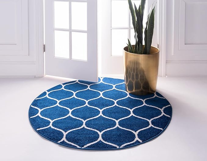Rugs.com Lattice Frieze Collection Rug – 7' Round Navy Blue Medium Rug Perfect for Kitchens, Dining Rooms