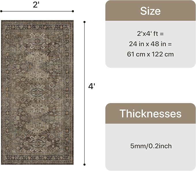 Bavni Washable Rug 2x4, Non Slip Small Runner for Entryway, Kitchen or Bathroom, Vintage Print Thin Low Pile Indoor Carpet, Brown