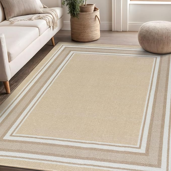 Beverly Rug Non Slip Area Rugs 3x5 Modern Bordered Non Skid Rubber Backing Soft Area Rug for Living Dining Room Easy to Clean Non Shedding Kitchen Bedroom Indoor Carpet 3 x 5 Beige