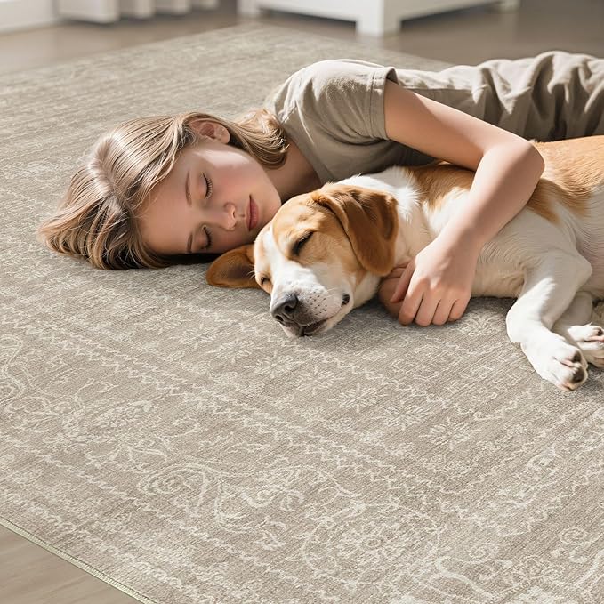 10x14 Area Rugs Living Room: Washable Large Vintage Rug Neutral Non-Slip Soft Stain Resistant Indoor Carpet for Bedroom Nursery Dining Room Under Table Bed Home House Office Playroom - Brown