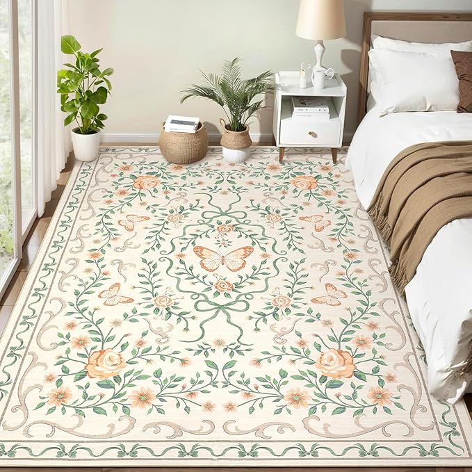GarveeHome 8x10 Beige Floral Rugs for Living Room Washable Rugs Non Slip Stain Resistant Bedroom Floral Rug Low Pile Soft Dining Room Throw Carpet Beige Bow Large Carpet for Home Office Decor, 8x10
