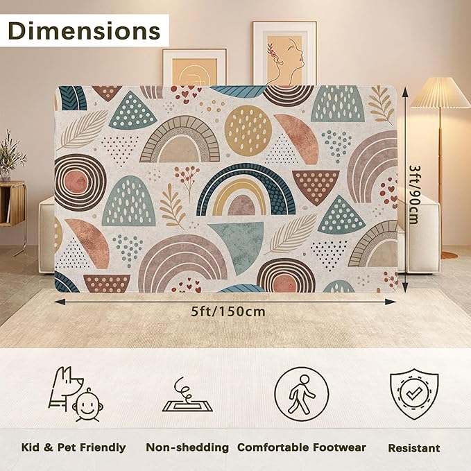 Bohemian Rainbow Washable 3x5 Area Rugs for Living Room, Thin Low Pile Contemporary Carpet, Non-Slip Base Lightweight Rug
