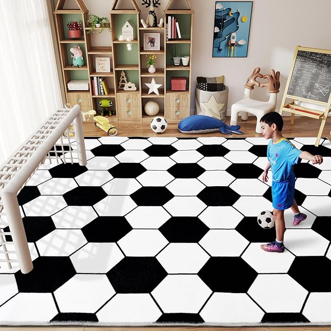 Soft Soccer Rug, Gifts for Boys Girls, Cute Bedside Shag Area Rug for Kids Toddlers Teens, Non Slip Room Decor Indoor Carpet for Bedroom Living Room, Nursery, Machine Washable 6x9 FT