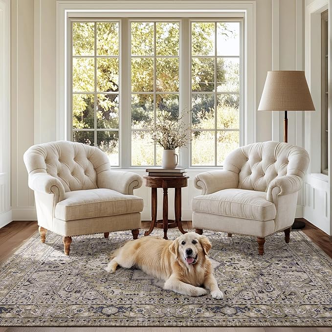PURRUGS Vintage Farmhouse Boho Area Rug 5x7 ft, Non-Slip Machine Washable Rug, Accent Oriental Rug for Living Room, Dining Room, Bedroom, Entryway and Kitchen, Taupe/Vanilla