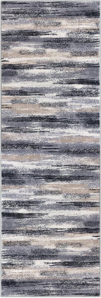 Modern Abstract Runner Rug 2.6x8, Grey Black Multi Washable Kitchen Runner Non-Slip Soft Hallway Rug Runner Thin Print Faux Wool Carpet for Entryway Bedroom Laundry Room Indoor Home Decor