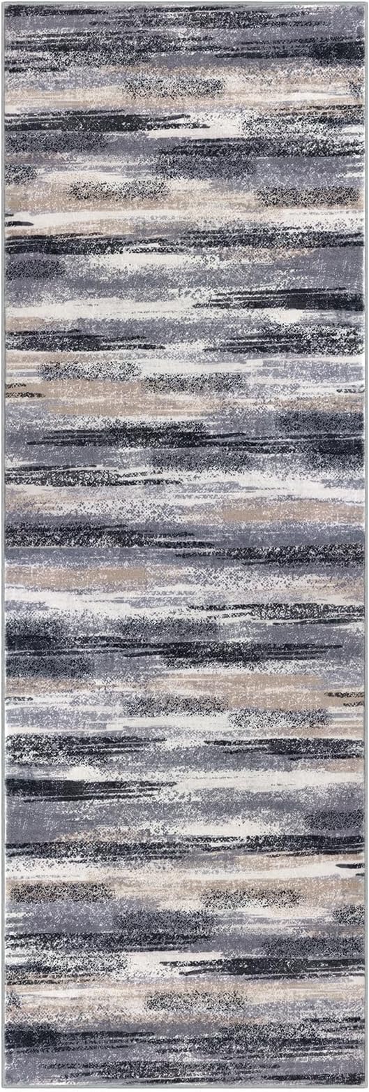 Modern Abstract Runner Rug 2x10, Grey Black Multi Washable Long Kitchen Runner Non-Slip Soft Hallway Rug Runner Thin Print Faux Wool Carpet for Entryway Bedroom Laundry Room Indoor Home Decor
