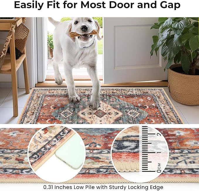 KOZYFLY Boho Area Rug 5x7 Ft Thin Rugs for Living Room Washable Bedroom Rug Non Slip Rugs for Living Room Rust/Orange/Blue Printed Faux Wool Vintage Bedroom Rug Floor Carpet for Dining Room