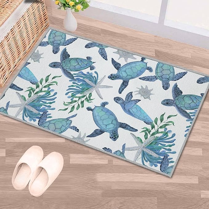 Tritard Coastal Sea Turtles 2x3 Area Rugs - Small Machine Washable Foldable Throw Rugs Non-Slip Beach Themed Entryway Doormat Indoor Entrance Carpet for Kitchen Bathroom Laundry Bedroom Living Room
