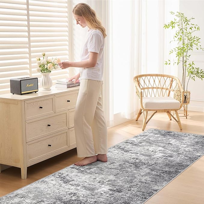 3X10 Washable Runner Rug for Hallway: Soft Neutral Modern Abstract Area Rug - Non-Slip Low Pile Long Throw Indoor Carpet for Kitchen Entryway Kitchen Bedroom Laundry - Grey