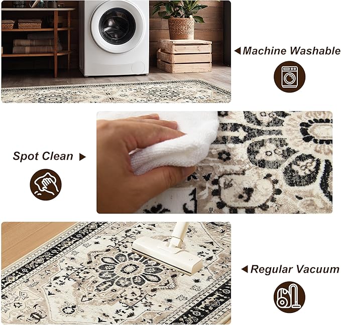 XWZO Runner Rug 2x10ft for Long Hallways, Washable Non-Slip Low Pile Area Rug with Rubber Backing, Spill Resistant Soft Vintage Floor Carpet for Kitchen Entryway Stair Landing Bedroom, Brown Beige