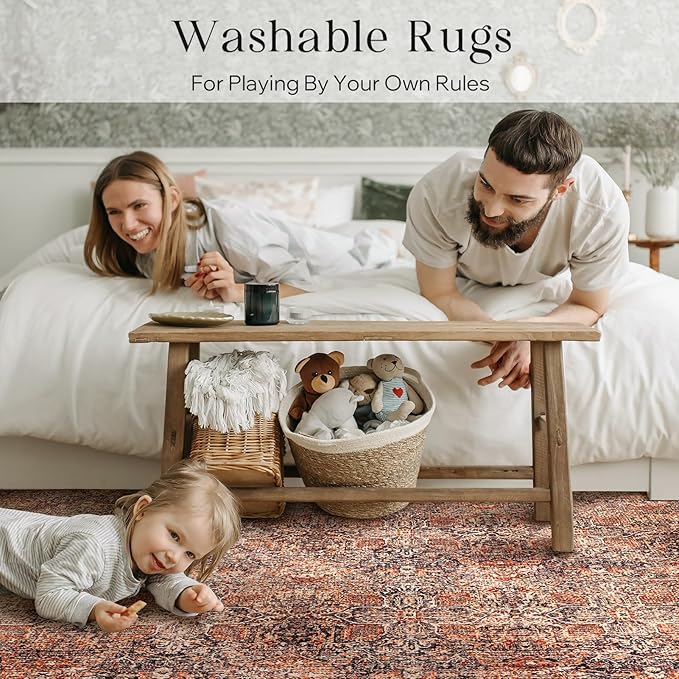 Phantoscope Washable Area Rug 4'x6' Non-Slip, Vintage Neutral Xmas Rugs for Living Room, Bedroom, Dining Room, Distressed Boho Floral Medallion Pattern, Low-Pile Foldable Floor Carpet, Brick Red/Black